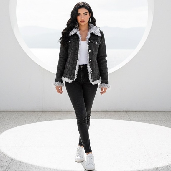 BDG REVOLVE Gray white faux fur button up denim, jean jacket size Small - Med - Picture 2 of 10